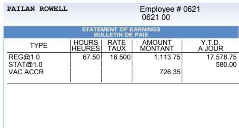 A detail from a July 2023 paystub that Rowell Pailan provided to CBC. The hourly rate is listed at $16.50.